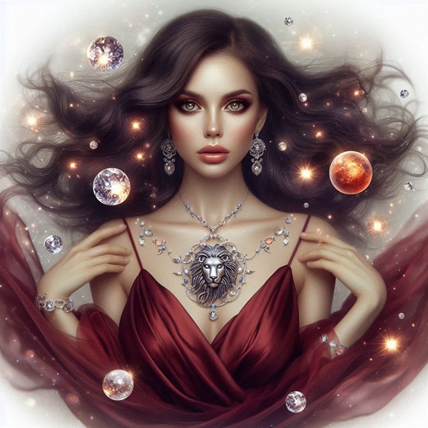 femeie bruneta cu parul valvoi cu rochie rosie inconjurata de planete pandantiv cu leu la gat