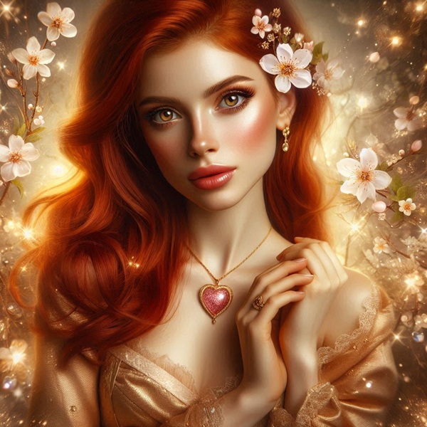 femeie roscata cu parul lung imbracataa in auriu cu o inima de aur la gat
