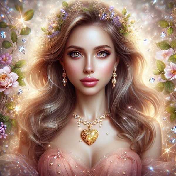 femeie blonda cu parul lung imbracata in roz inconjurata de flori