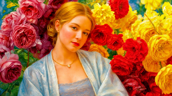 femeie cu parul blond prins imbracata in gri inconjurata de flori galbene si rosii