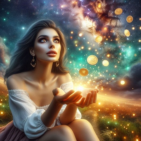 femeie satena imbracata in camasa alba se uita spre cer tine mainile ridicate si primeste bani de aur