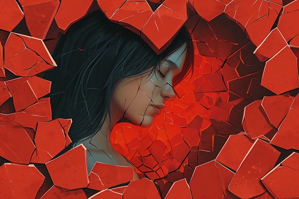 chip de femeie cu par brunet incadrat intr-o inima rosie