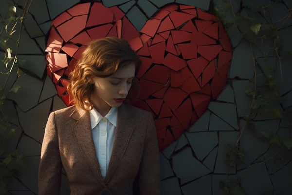 femeie in sacou maro si camasa alba cu o inima franta in spate priveste in jos