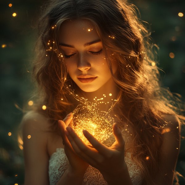 femeie blonda cu parul lung ondulat tine in mana un glob luminos