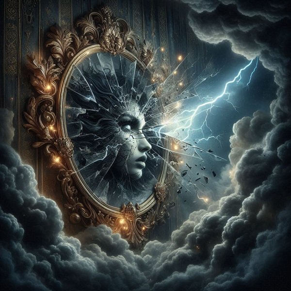 oglinda sparta cu chip de femeie printre tunete si nori negri