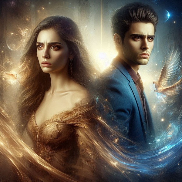 femeie in rochie aurie suparata sta spate in spate cu un barbat oin costu albastri