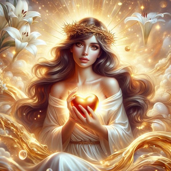 femeie cu parul ondulat lung si coroana de spini imbracata in alb tine in maini o inima