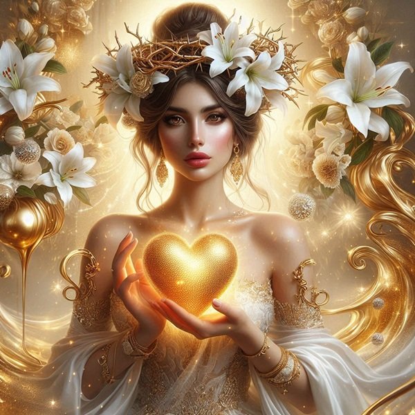 femeie cu parul prins si coroana de spini pe cap tine in mana o inima aurie