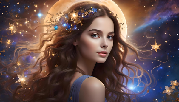 femeie satena cu parul lung inconjurata de stele si de flori pe fundal de luna