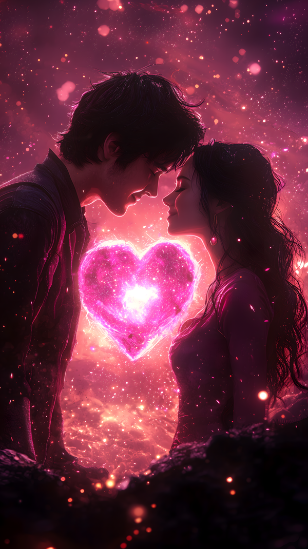barbat si femeie se privesc in ochi pe fundal o inima roz luminoasa