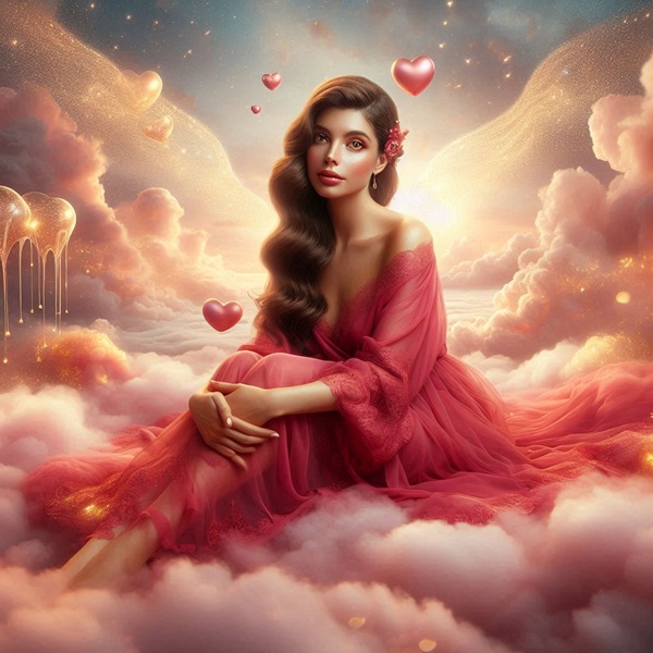 femeie bruneta cu parul lung imbracata in roz pe nori roz inconjurata de inimi aurii