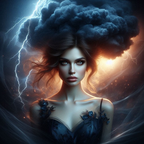 femeie bruneta imbracata in negru cu un nor negru deasupra capului si tunete