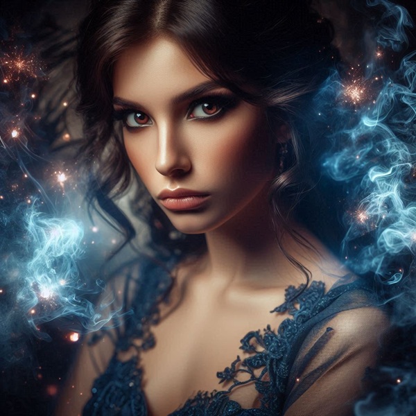 femeie cu ochii caprui si parul ondulat imbracata in albastru inchis