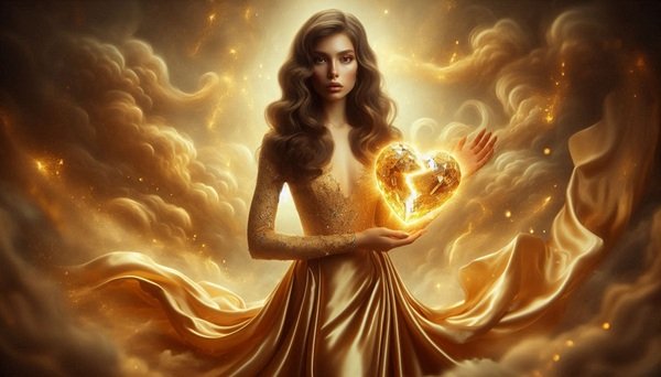femeie in rochie aurie inconjurata de nori aurii tine in mana o inima ranita