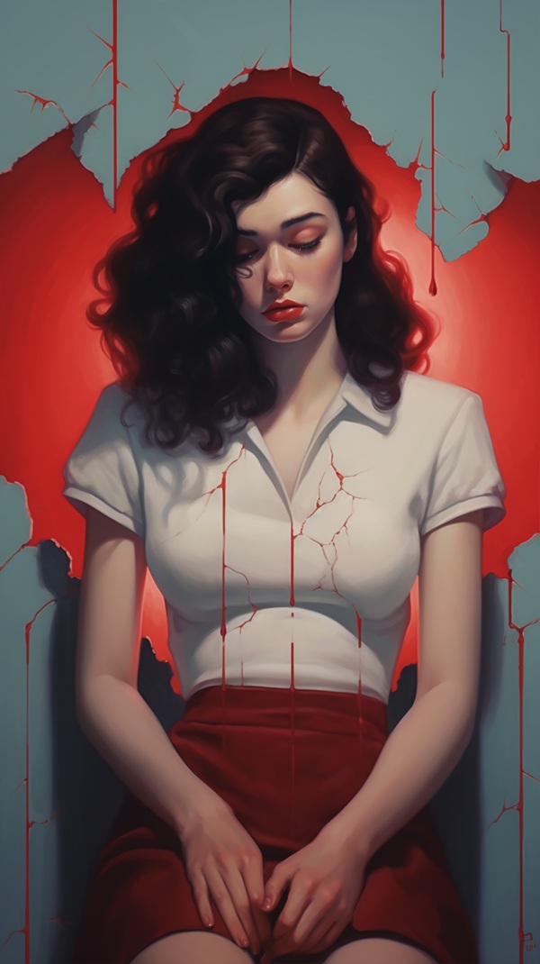 femeie bruneta imbracata in bluza alba fusta rosie trista pe un scaun