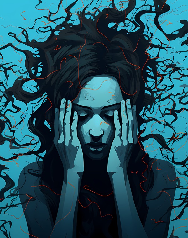 femeie cu parul negru tine fata in palme pe fundal albastru