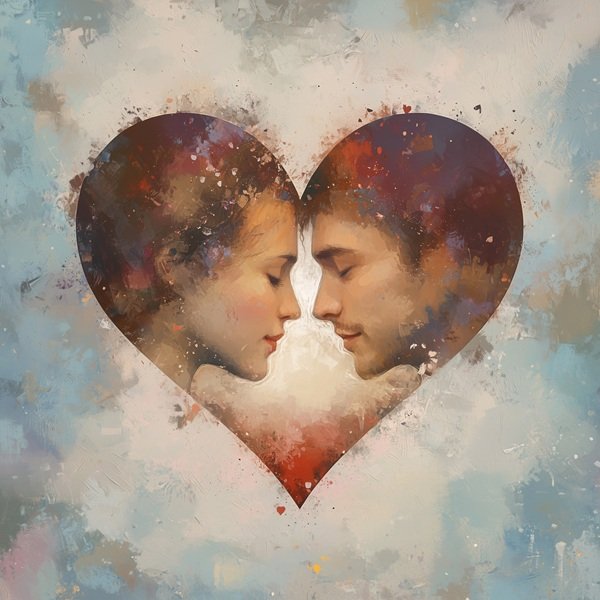 femeie si barbat cu fruntile lipite si ochii inchisi incadrati in inimioara