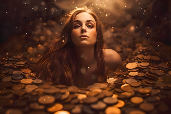 femeie blonda sta intr-o gramada de bani de aur pare ca inoata