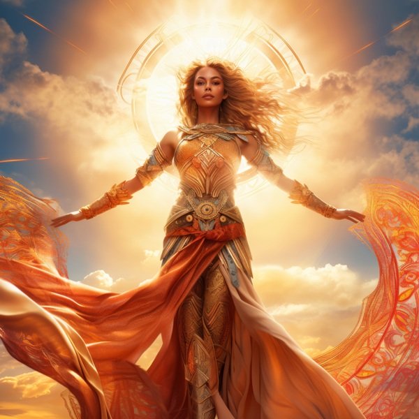 femeie blonda imbracata ca o zeita in rochie pe fundal soarele