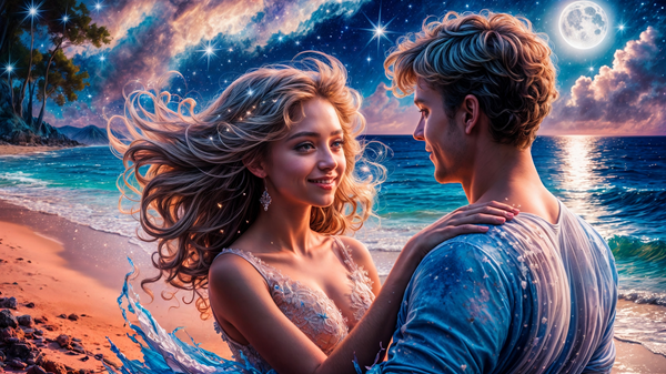 femeie si barbat stau pe malul unei ape se privesc in ochi