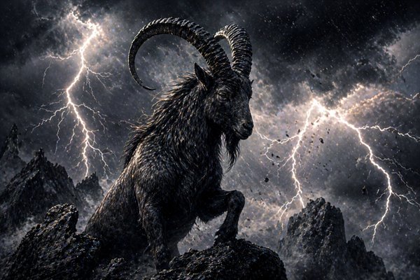 zodia capricorn inconjurata de tunete si fulgere in peisaj montan