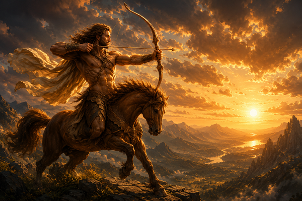 zodia sagetator un arcas pe un cal pe o pajiste cu apusul in spate