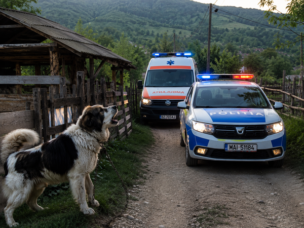 o masina de politie si o ambulanta pe o ulita de sat langa un caine care latra