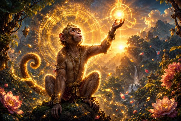 o maimuta inconjurata de o aura frumoasa intinde mana spre lumina
