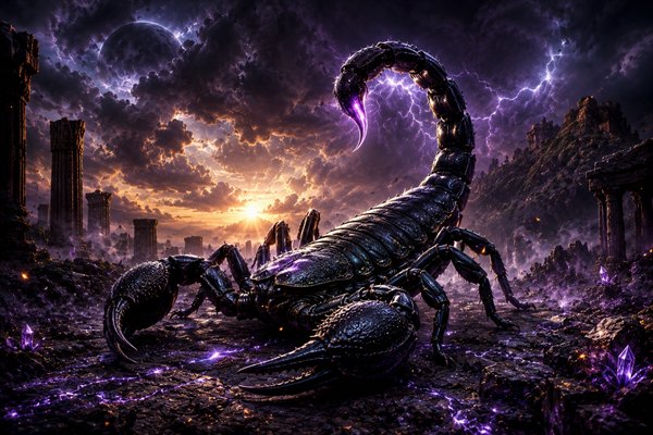 un scorpion in mijlocul unei furtuni cu fulgere pe un teren nefertil