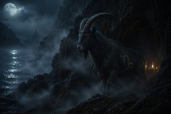 un capricorn iese dintr-o pestera langa mare pe fundal de luna plina