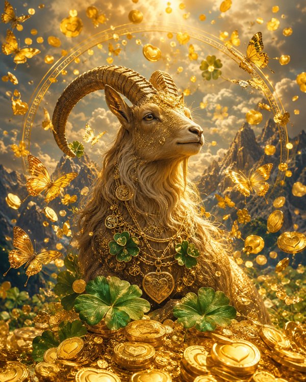 un capricorn inconjurat de monede de aur si trifoi priveste spre cer cu muntele in spate