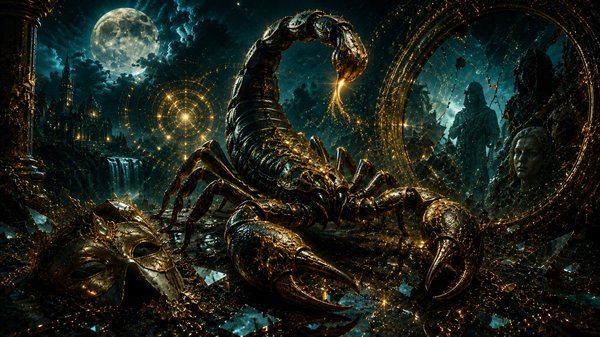 zodia scorpion langa o oglinda cu o masca langa el pe jos
