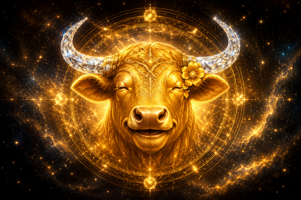 un taur auriu cu coarne de diamant rade inconjurat de o lumina aurie cu floare la ureche