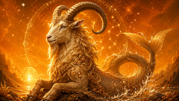 capricorn asezat pe o stanca cu soarele in spate pe fundal portocaliu