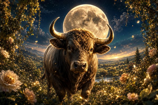 zodia taur pe o pajiste cu flori sub luna plina