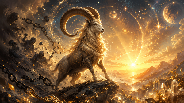 un capricorn langa o stanca cu lanturi rupte in spatele lui
