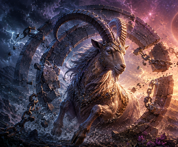 un capricorn rupe lanturi asezat pe o stanca pe fundalul apropierii dintre 2 planete