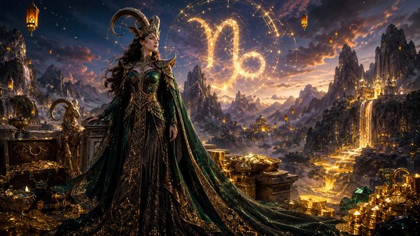 femeie in zodia capricorn cu rochie lunga verde pe fundal montan