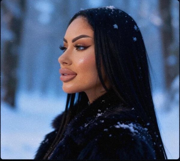 femeie cu parul lung brunet sta in ninsoare