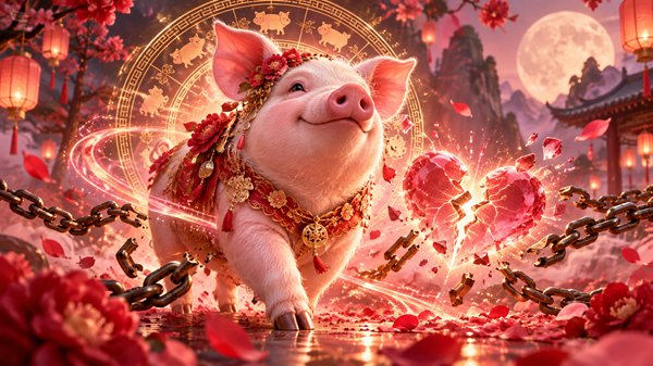 zodia porc din zodiacul chinezesc inconjurat de inimi si lanturi