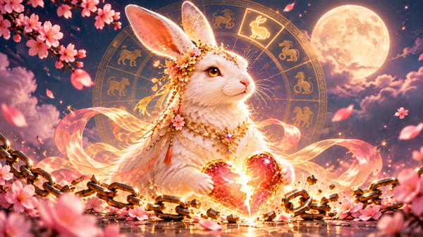 zodia iepure din zodiacul chinezesc inconjurat de inimi lanturi flori