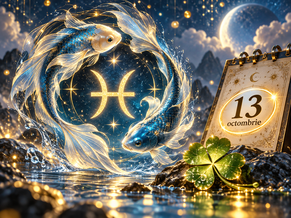 zodia pesti pe fundal fantasy acvatic langa un calendar cu data de 13 octombrie cu un trifoi stralucitor