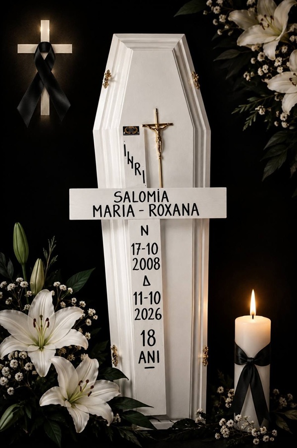 sicriu alb inconjurat cu flori si lumanari