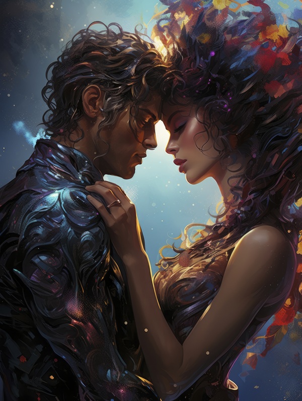 barbat si femeie imbratisati pe fundal fantasy