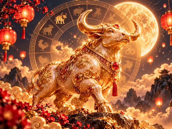 bivol de aur pe fundal horoscopul chinezesc inconjurat de bogatii si lampioane