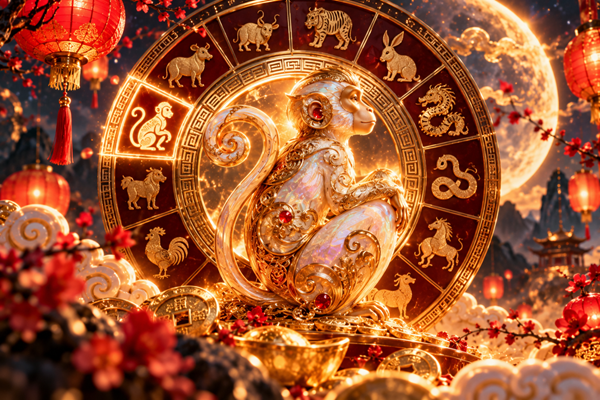 maimuta de metal si opal pe fundal horoscopul chinezesc inconjurata de bogatii si lampioane
