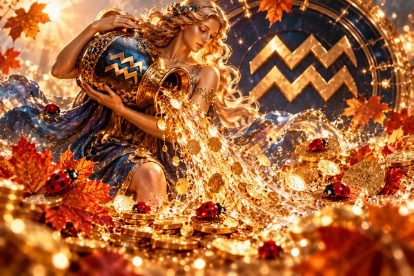 zodia varsator revarsa monede de aur pe fundal fantasy de toamna cu frunze aramii