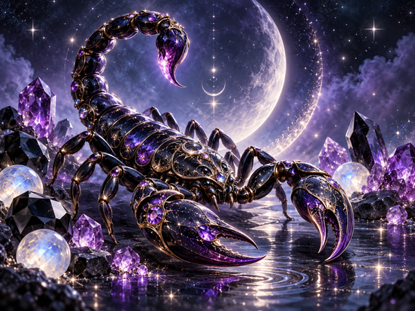 zodia scorpion creata din ametiste pe fundal ezoteric de luna 