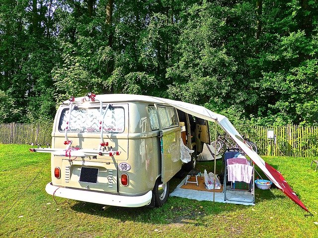 Rulota vintage parcată langa o pădure