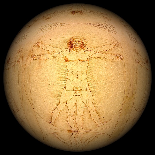 Desen al lui Leonardo da Vinci reprezentand organismul uman
